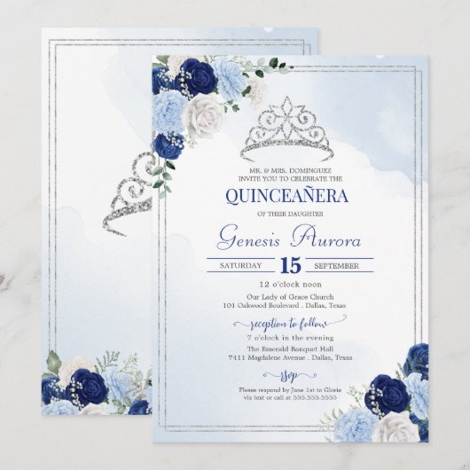 Navy Royal Light Blue Silver Roos Flor Quinceañera Kaart (Voorkant / Achterkant)