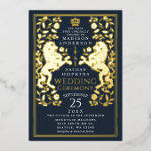 Navy Royal Lion middeleeuwse bruiloft Folie Uitnodiging (Voorkant)