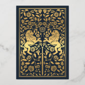 Navy Royal Lion middeleeuwse bruiloft Folie Uitnodiging (Achterkant)