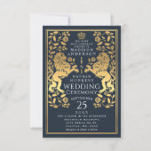 Navy Royal Lion middeleeuwse gouden bruiloft uitno Kaart (Voorkant)
