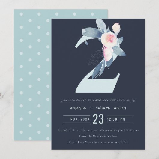 NAVY ROZE BLAUW BLOEMEN 2E ELKAAR JAAR JUBILEUM KAART (Voorkant / Achterkant)