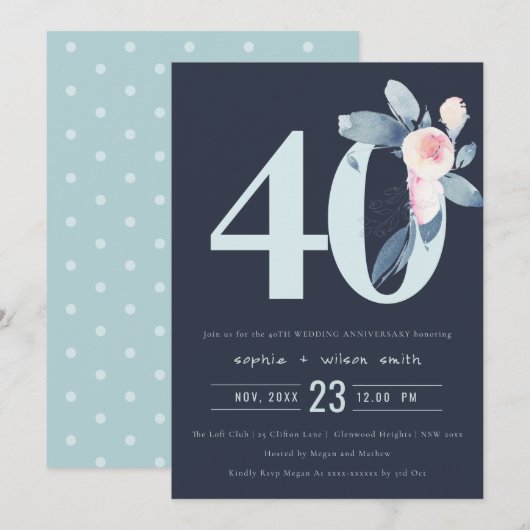 NAVY ROZE BLAUW BLOEMEN 40E HET JAAR JUBILEUM KAART (Voorkant / Achterkant)