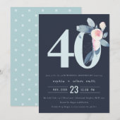 NAVY ROZE BLAUWE BLOEMEN 40 JAAR JUBILEUM KAART (Voorkant / Achterkant)