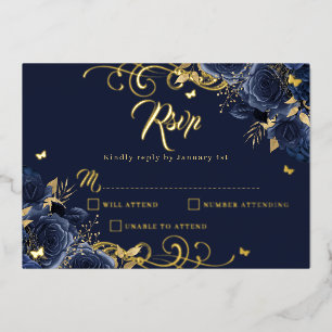 Navy Roze Bloem Goud Werveling Goud Quinceanera Folie Uitnodiging