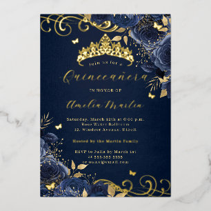 Navy Roze Bloem Gouden Swirl Quinceanera Folie Uitnodiging