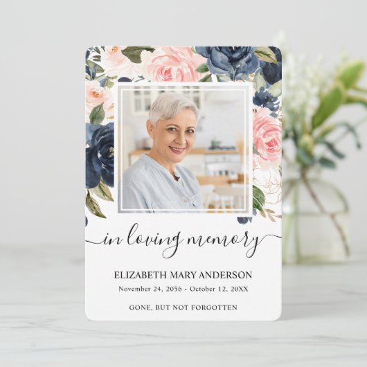 Navy Roze Bloemen Waterverf Begrafenis Gebed Kaart (Staand voorkant)