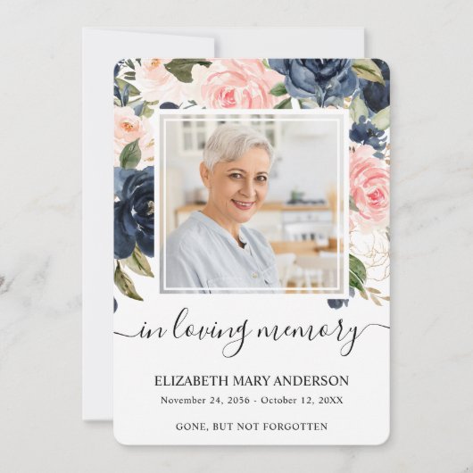 Navy Roze Bloemen Waterverf Begrafenis Gebed Kaart (Voorkant)