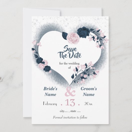 Navy & roze bloemenhart sparen de datum save the date (Voorkant)