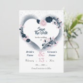 Navy & roze bloemenhart sparen de datum save the date (Staand voorkant)