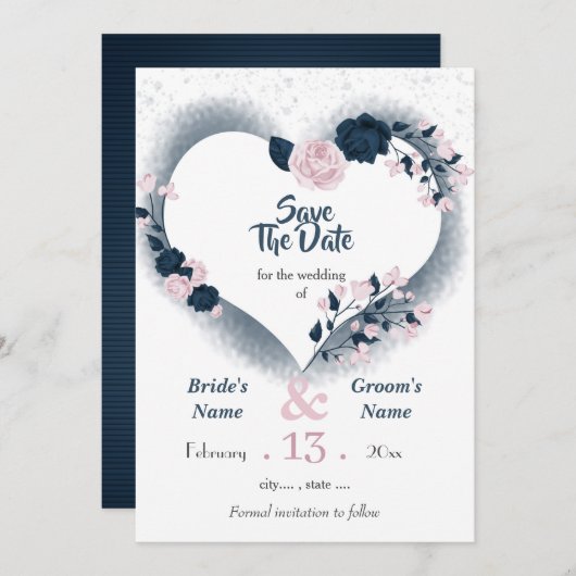 Navy & roze bloemenhart sparen de datum save the date (Voorkant / Achterkant)