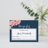 Navy roze blush bloemenbruid om receptkaart te zij briefkaart (Staand voorkant)