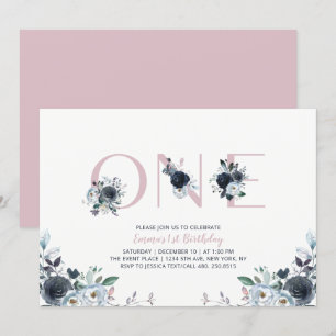 Navy & Roze Boho Bloem Meisje 1e Verjaardagsfeestj Kaart