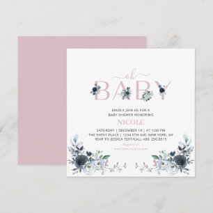 Navy & Roze Boho Bloem Meisje Baby Shower Vierkant Kaart