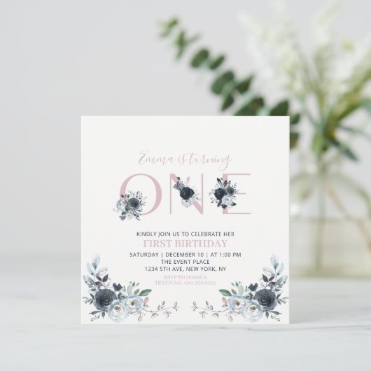 Navy & Roze Boho Floral Girl 1e Birthday Square Kaart (Staand voorkant)