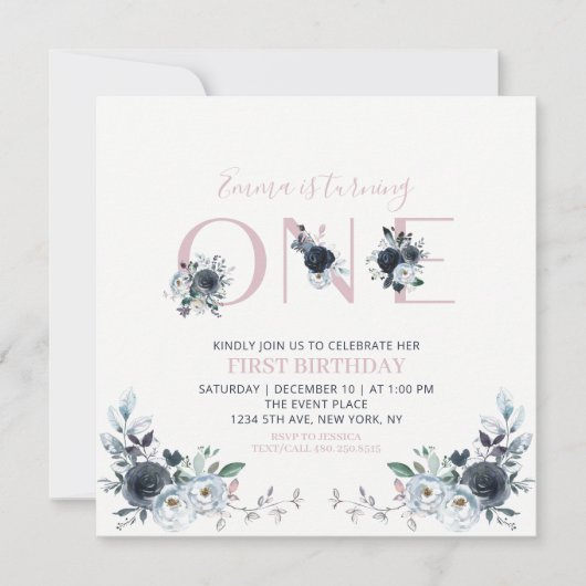 Navy & Roze Boho Floral Girl 1e Birthday Square Kaart (Voorkant)