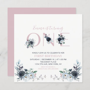 Navy & Roze Boho Floral Girl 1e Birthday Square Kaart