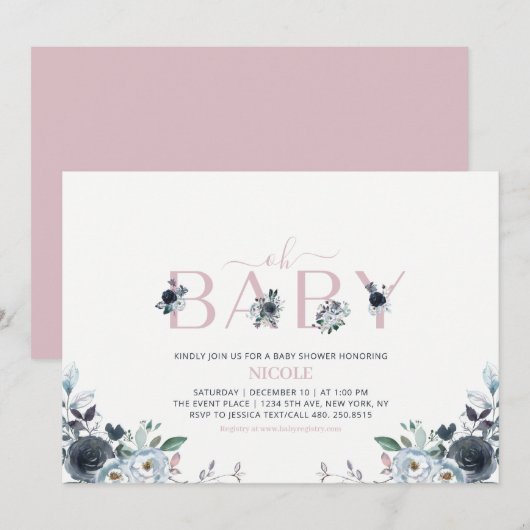 Navy & Roze Boho Floral Girl Baby shower Kaart (Voorkant / Achterkant)