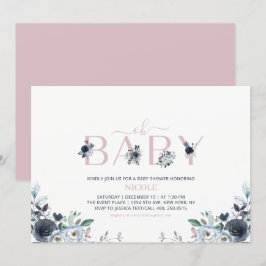 Navy & Roze Boho Floral Girl Baby shower Kaart