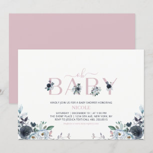 Navy & Roze Boho Floral Girl Baby shower Kaart