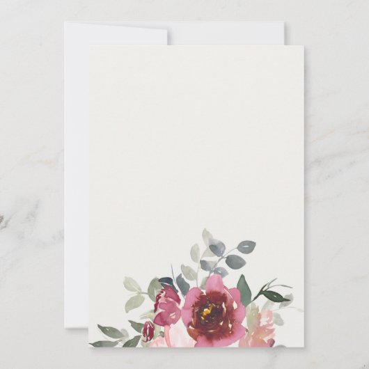 NAVY ROZE BURGUNDY ROOS FLORALE BABYSCHOON UITNODI BEDANKKAART (Achterkant)