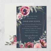 NAVY ROZE BURGUNDY ROOS FLORALE BABYSCHOON UITNODI BEDANKKAART (Voorkant / Achterkant)