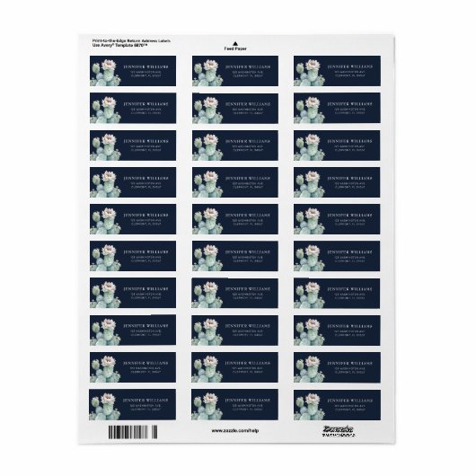 Navy Roze Cactus Bloem Retouradres Labels (Full Sheet)