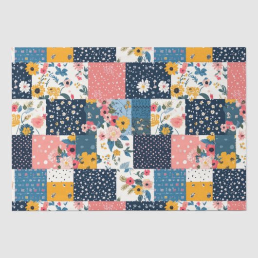 Navy Roze Cottagecore Bloemstukwerk Tissuepapier (Voorkant)