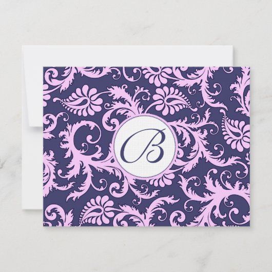 Navy & Roze Damask Swirls Wedding Response RSVP (Voorkant)