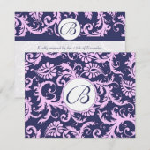 Navy & Roze Damask Swirls Wedding Response RSVP (Voorkant / Achterkant)