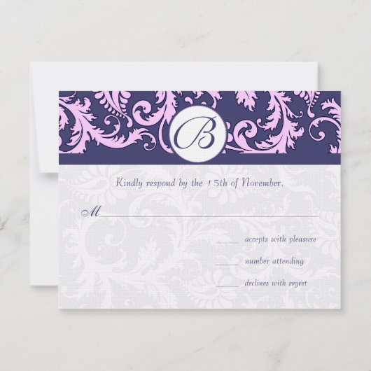 Navy & Roze Damask Swirls Wedding Response RSVP (Achterkant)