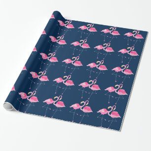 Navy & Roze flamingos in Love Pattern Cadeaupapier