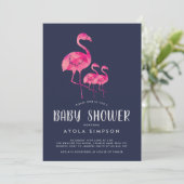 Navy & Roze Flamingos Twins Baby shower Invite Kaart (Staand voorkant)