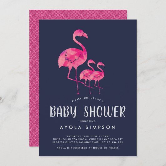 Navy & Roze Flamingos Twins Baby shower Invite Kaart (Voorkant / Achterkant)