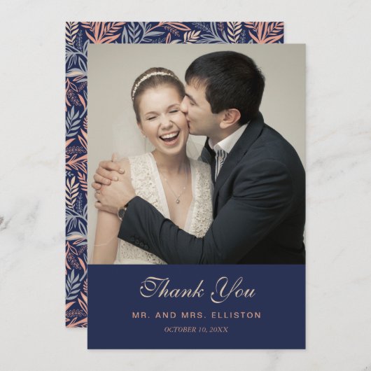 Navy & Roze Floral & Plant Patroon | Dank u wel Bedankkaart (Voorkant / Achterkant)