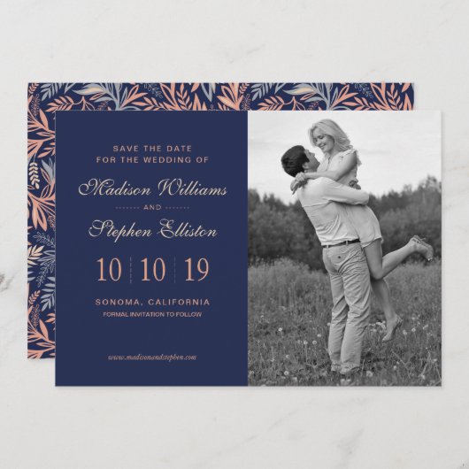 Navy & Roze Floral & Plant Patroon - sparen de Dat Save The Date (Voorkant / Achterkant)
