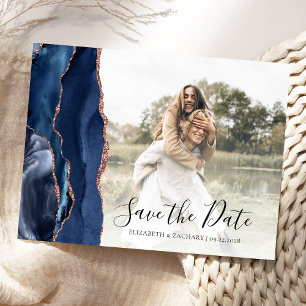 Navy Roze Goud Agaat Aangepaste Foto Save the Date Briefkaart