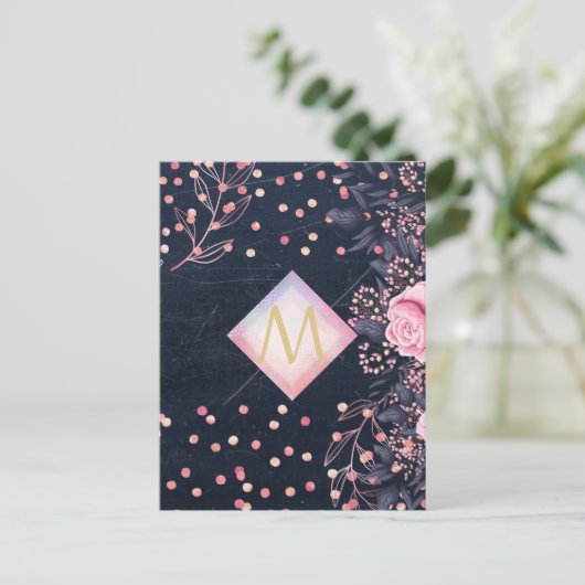 Navy Roze Goud Monogram Cadeaus Meisjesachtig Bloe Briefkaart (Staand voorkant)