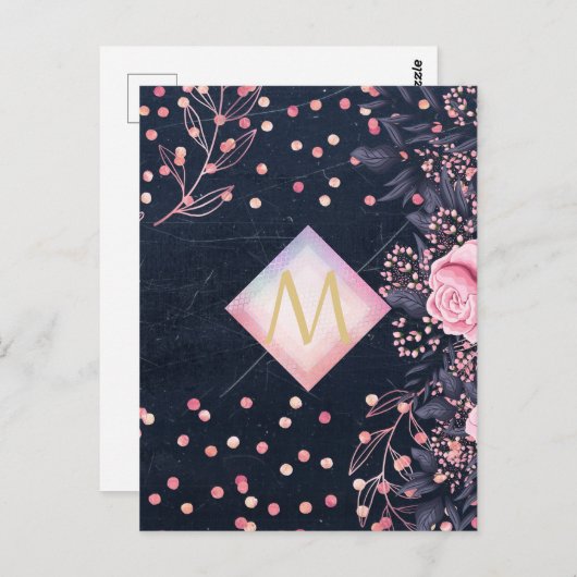 Navy Roze Goud Monogram Cadeaus Meisjesachtig Bloe Briefkaart (Voorkant / Achterkant)