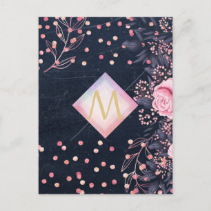 Navy Roze Goud Monogram Cadeaus Meisjesachtig Bloe Briefkaart