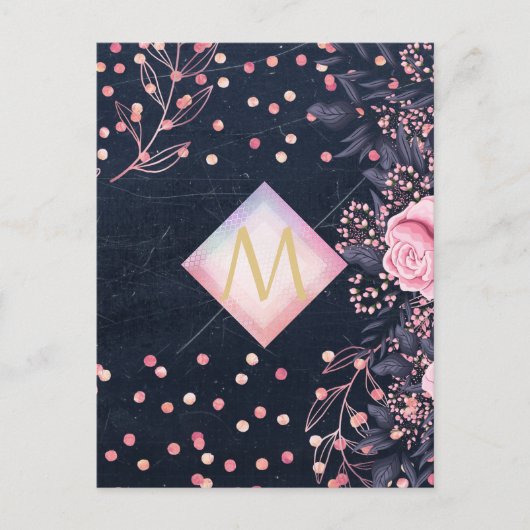 Navy Roze Goud Monogram Cadeaus Meisjesachtig Bloe Briefkaart (Voorkant)