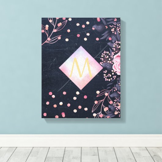 Navy Roze Goud Monogram Cadeaus Meisjesachtig Bloe Canvas Afdruk (Insitu (Houten vloer))