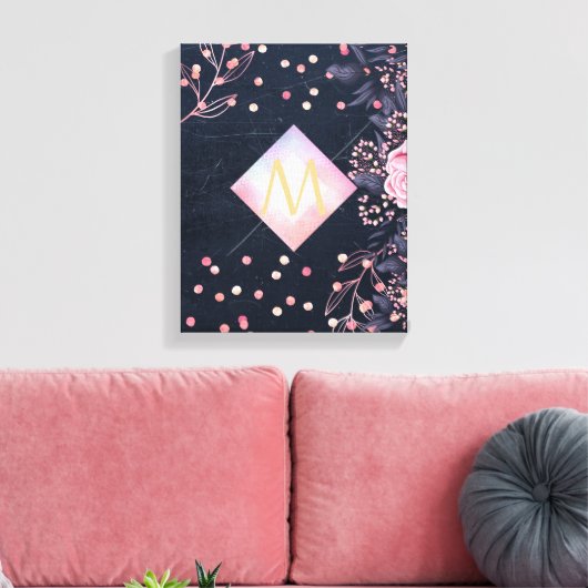 Navy Roze Goud Monogram Cadeaus Meisjesachtig Bloe Canvas Afdruk (Insitu (Woonkamer))
