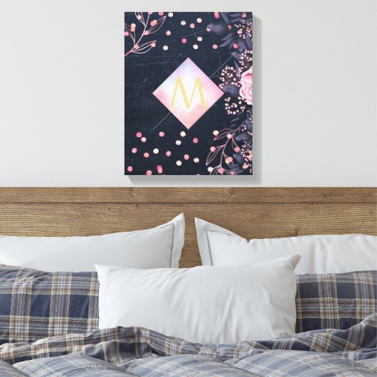 Navy Roze Goud Monogram Cadeaus Meisjesachtig Bloe Canvas Afdruk (Insitu (Slaapkamer))