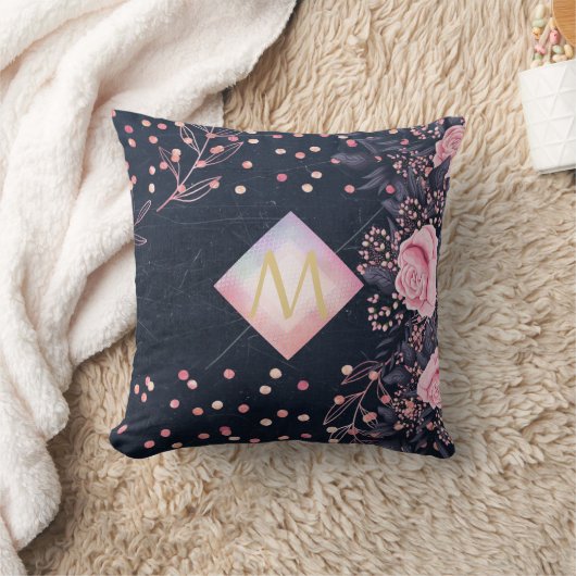 Navy Roze Goud Monogram Cadeaus Meisjesachtig Bloe Kussen (Deken)