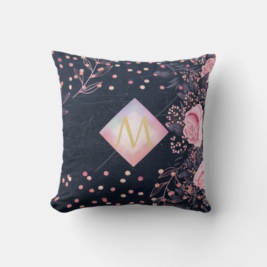 Navy Roze Goud Monogram Cadeaus Meisjesachtig Bloe Kussen (Voorkant)