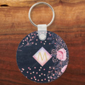 Navy Roze Goud Monogram Cadeaus Meisjesachtig Bloe Sleutelhanger (Voorkant)