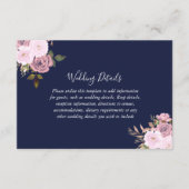 Navy Roze Gouden Bloemen Bruiloftsreceptie Details Informatiekaartje (Voorkant)