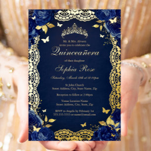 Navy Roze Kant Vlinder Quinceanera Verjaardag Folie Uitnodiging