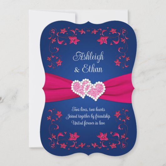 Navy, roze liefdesharten bruiloft uitnodiging (Voorkant)