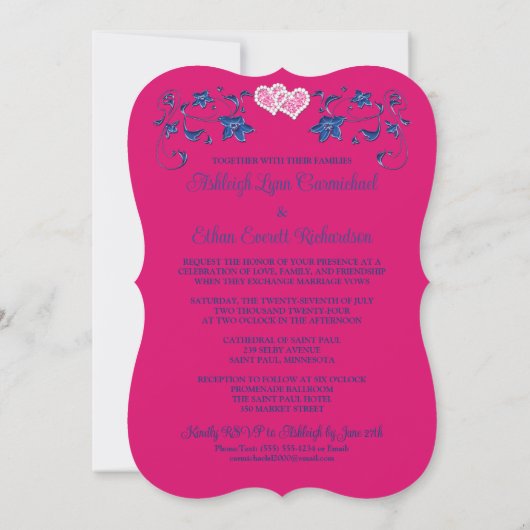 Navy, roze liefdesharten bruiloft uitnodiging (Achterkant)